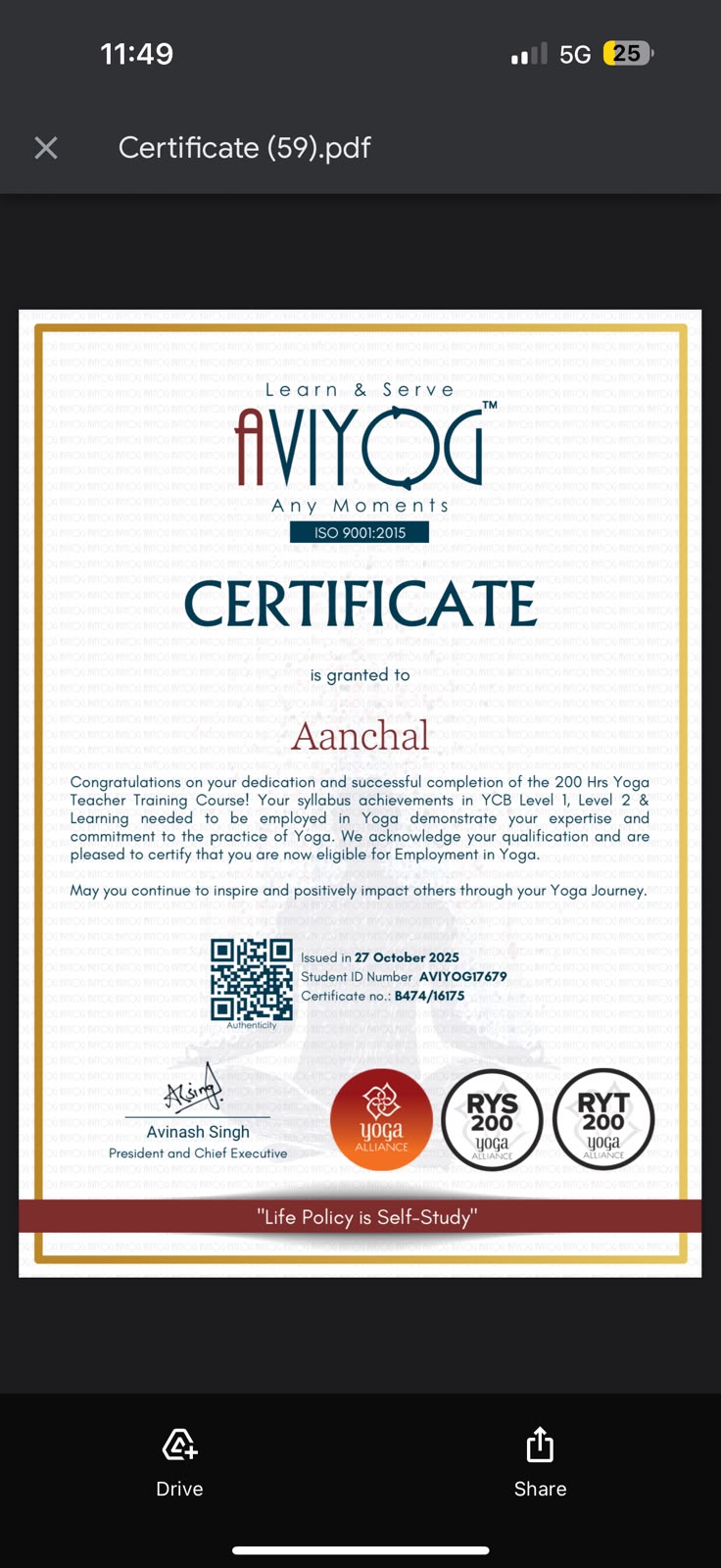 Yoga teacher training certificate